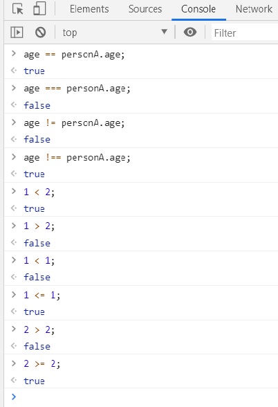 Browser Console Tool showing the results of equality tests we described in text.