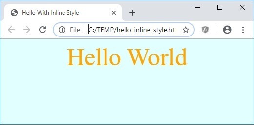 Browser showing Hello World styled with inline CSS styling.