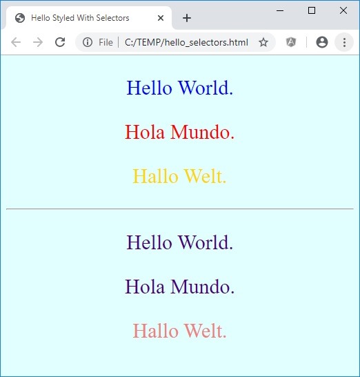 Browser showing Hello World with selectors from Code 4a and 4b.