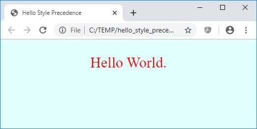 Browser showing Hello World in red due to precedence from Code 5a and 5b.