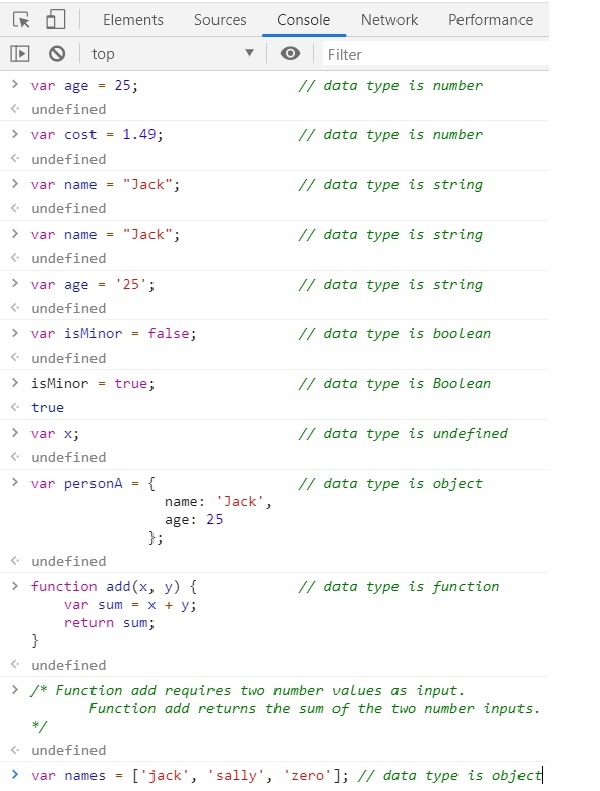 Browser Console Tool showing entry of statements from Code 1.